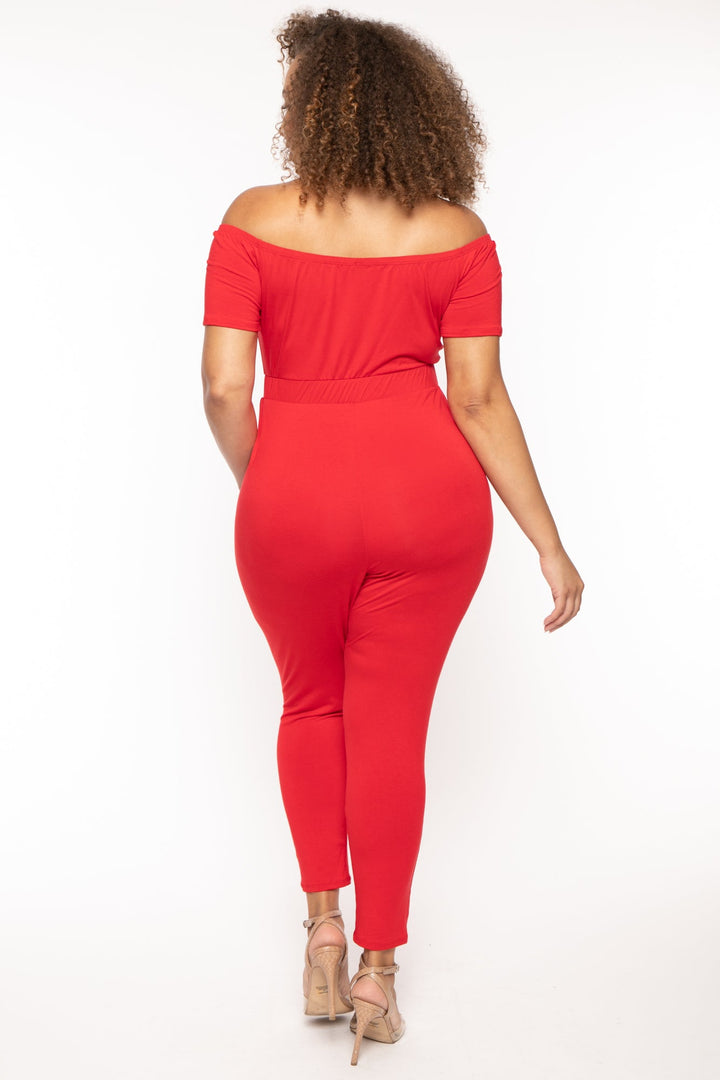 Curvy Sense Jumpsuits and Rompers Plus Size Luisa Off The Shoulder Jumpsuit - Red