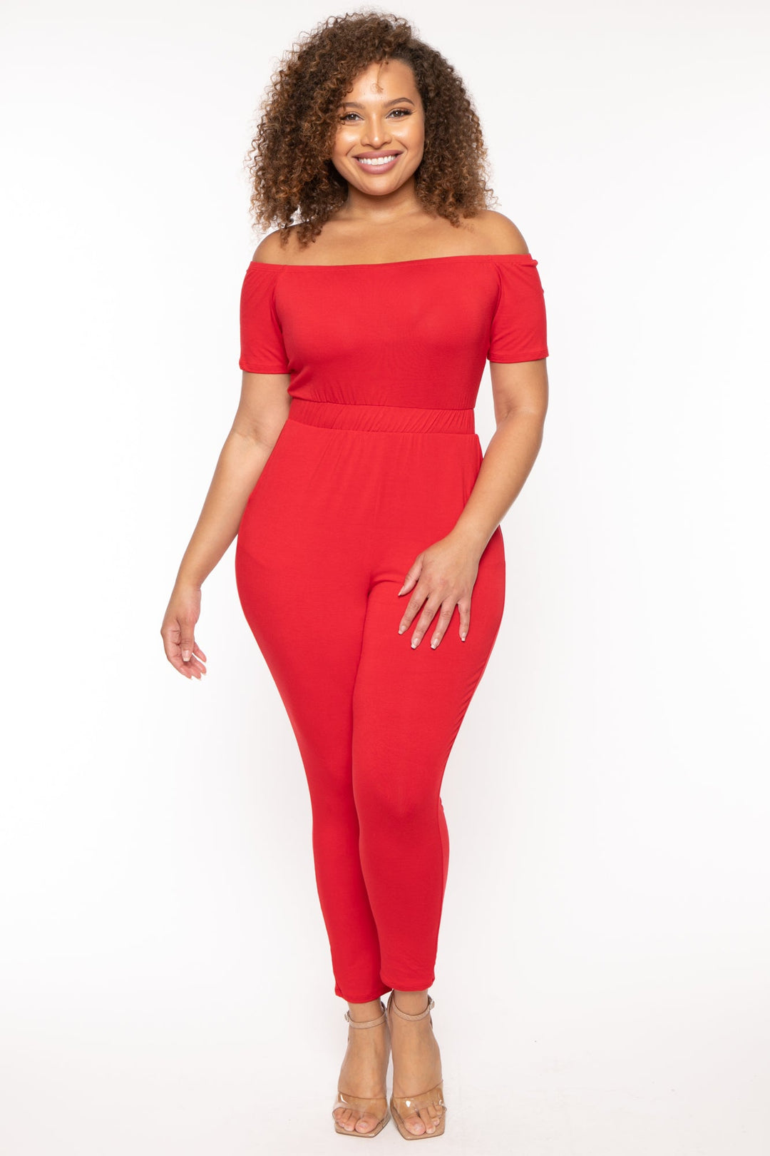 Curvy Sense Jumpsuits and Rompers 1X / Red Plus Size Luisa Off The Shoulder Jumpsuit - Red