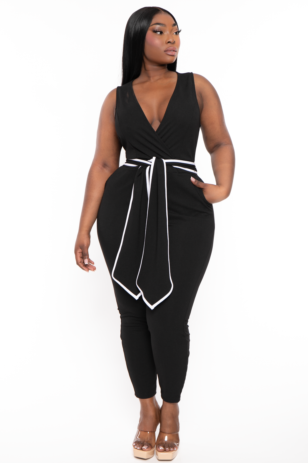 Curvy Sense Jumpsuits and Rompers 1X / Black Plus Size Marisa Front Tie Jumpsuit- Black