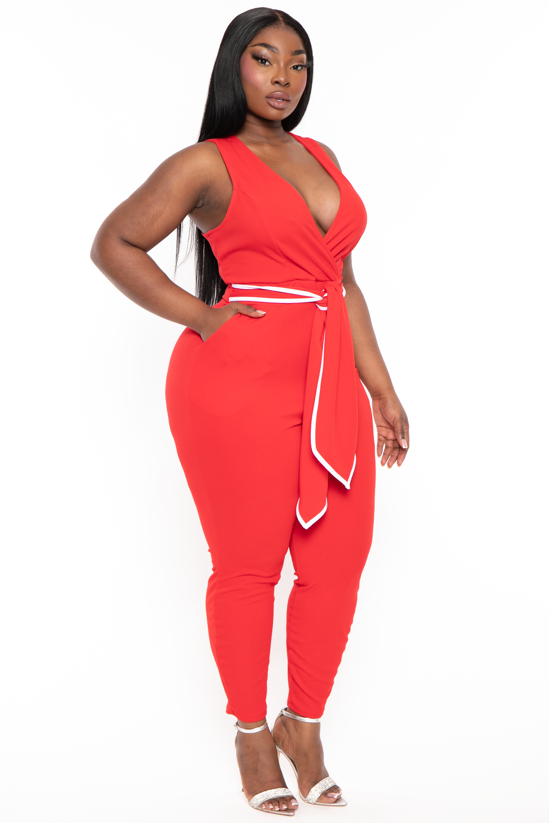Curvy Sense Jumpsuits and Rompers Plus Size Marisa Front Tie Jumpsuit- Red