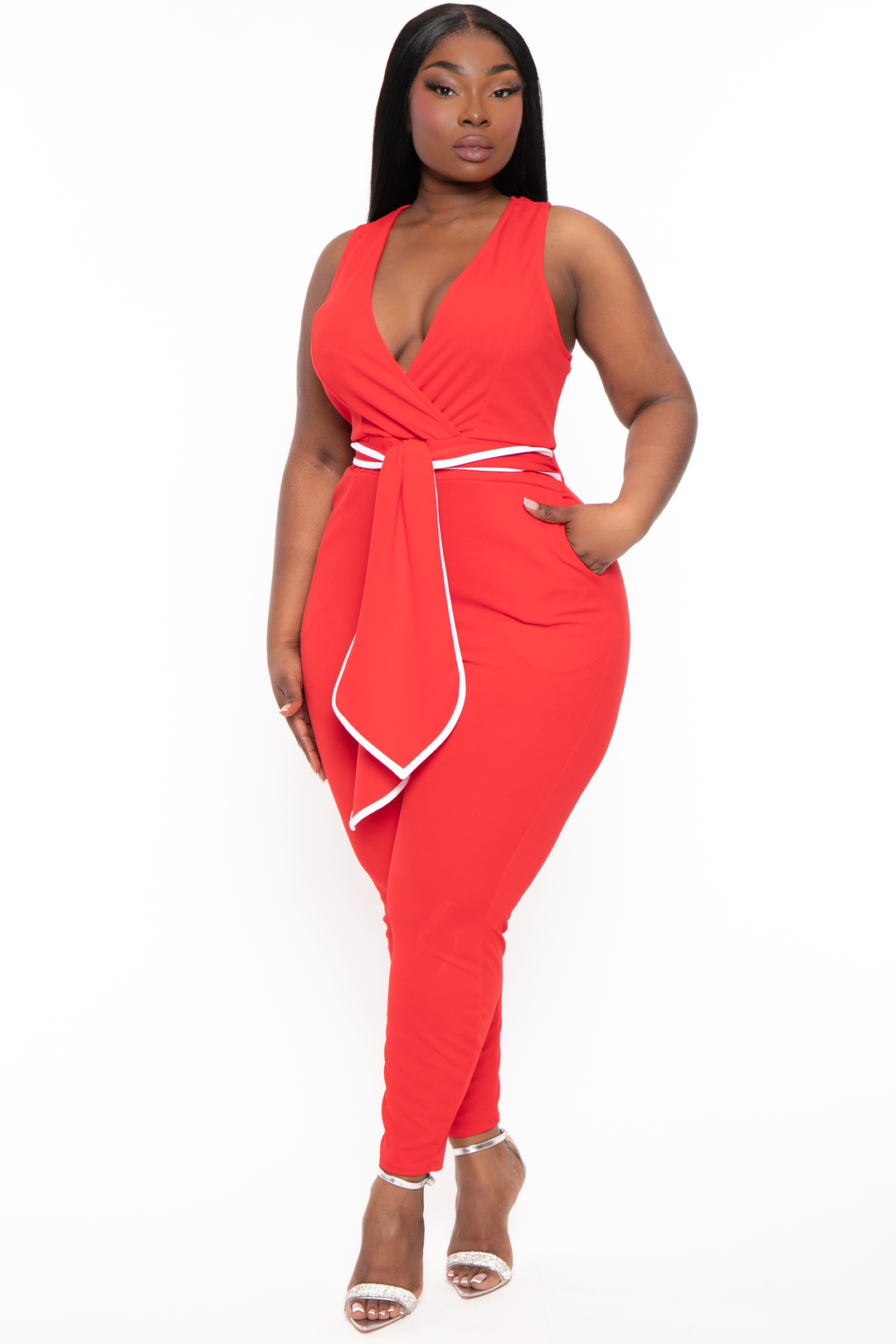 Curvy Sense Jumpsuits and Rompers 1X / Red Plus Size Marisa Front Tie Jumpsuit- Red