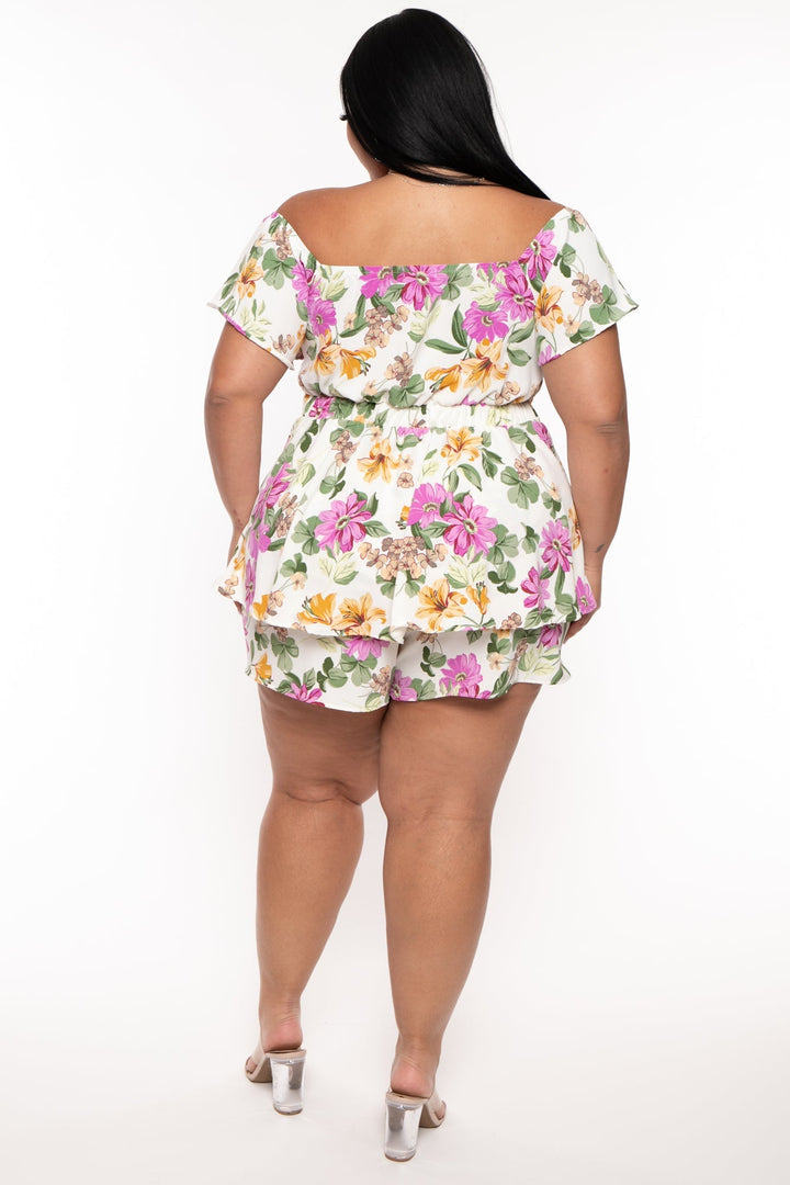 Curvy Sense Jumpsuits and Rompers Plus Size Maya Floral Romper -Ivory