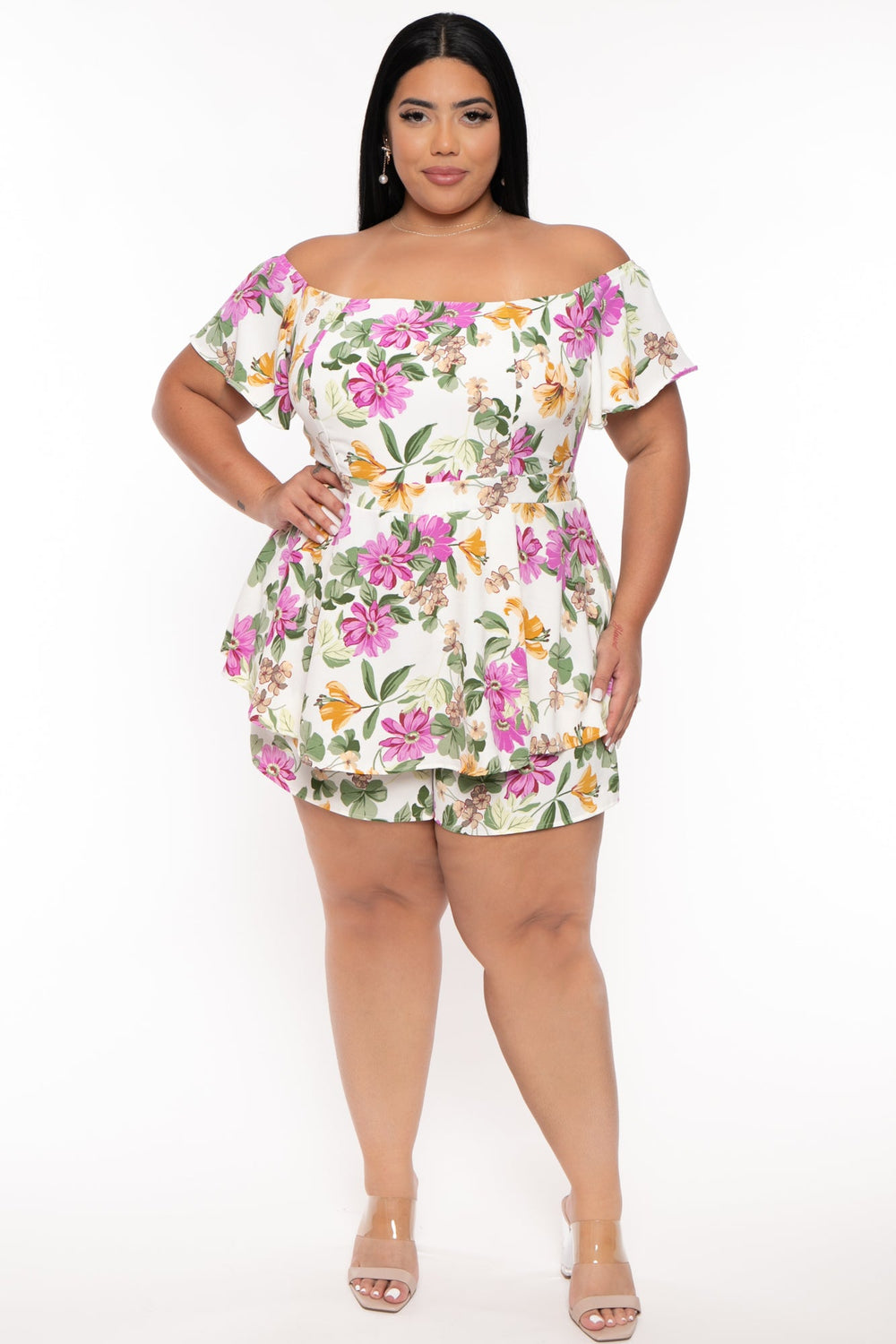 Curvy Sense Jumpsuits and Rompers Plus Size Maya Floral Romper -Ivory