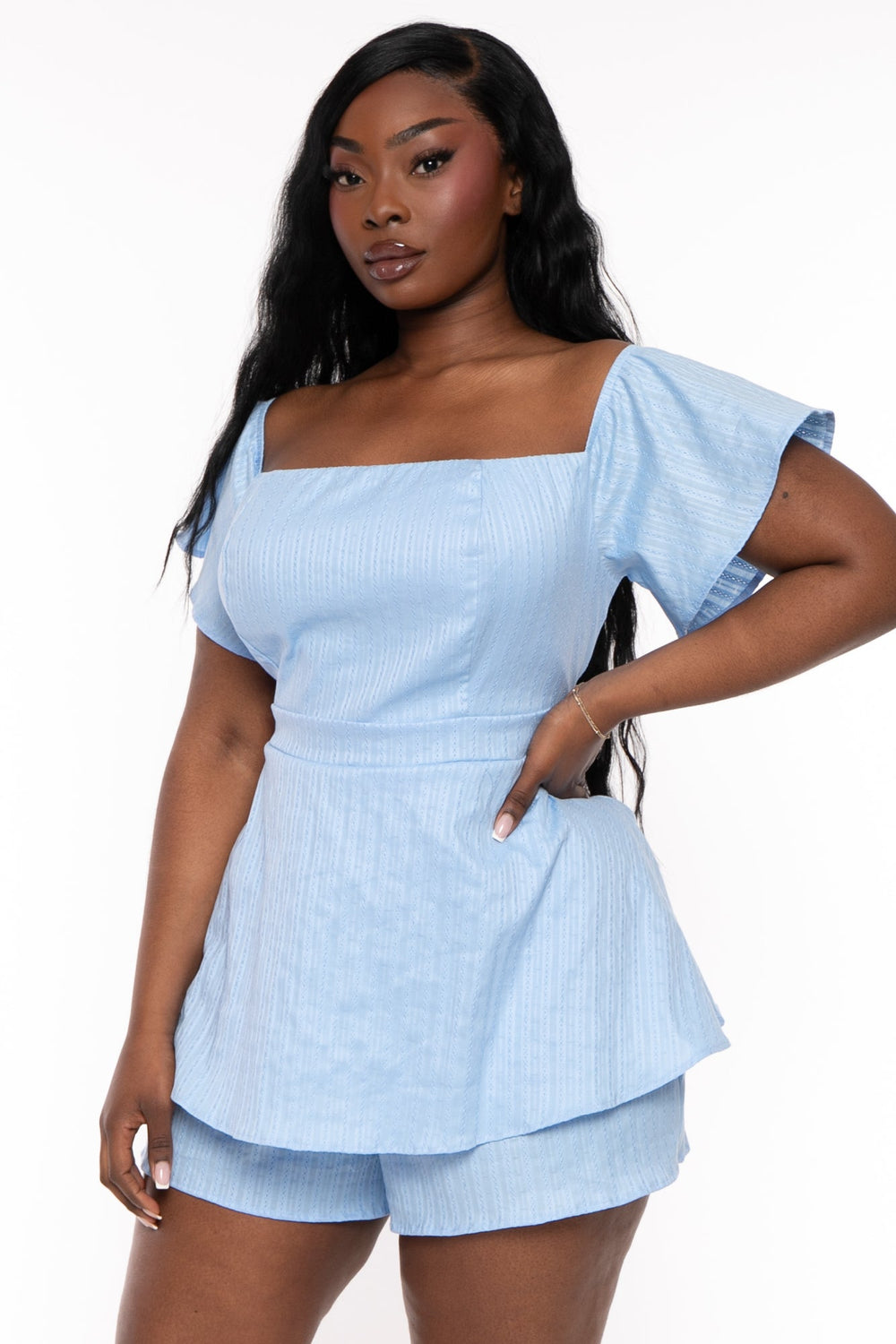 Curvy Sense Jumpsuits and Rompers Plus Size Maya Woven  Romper -Blue
