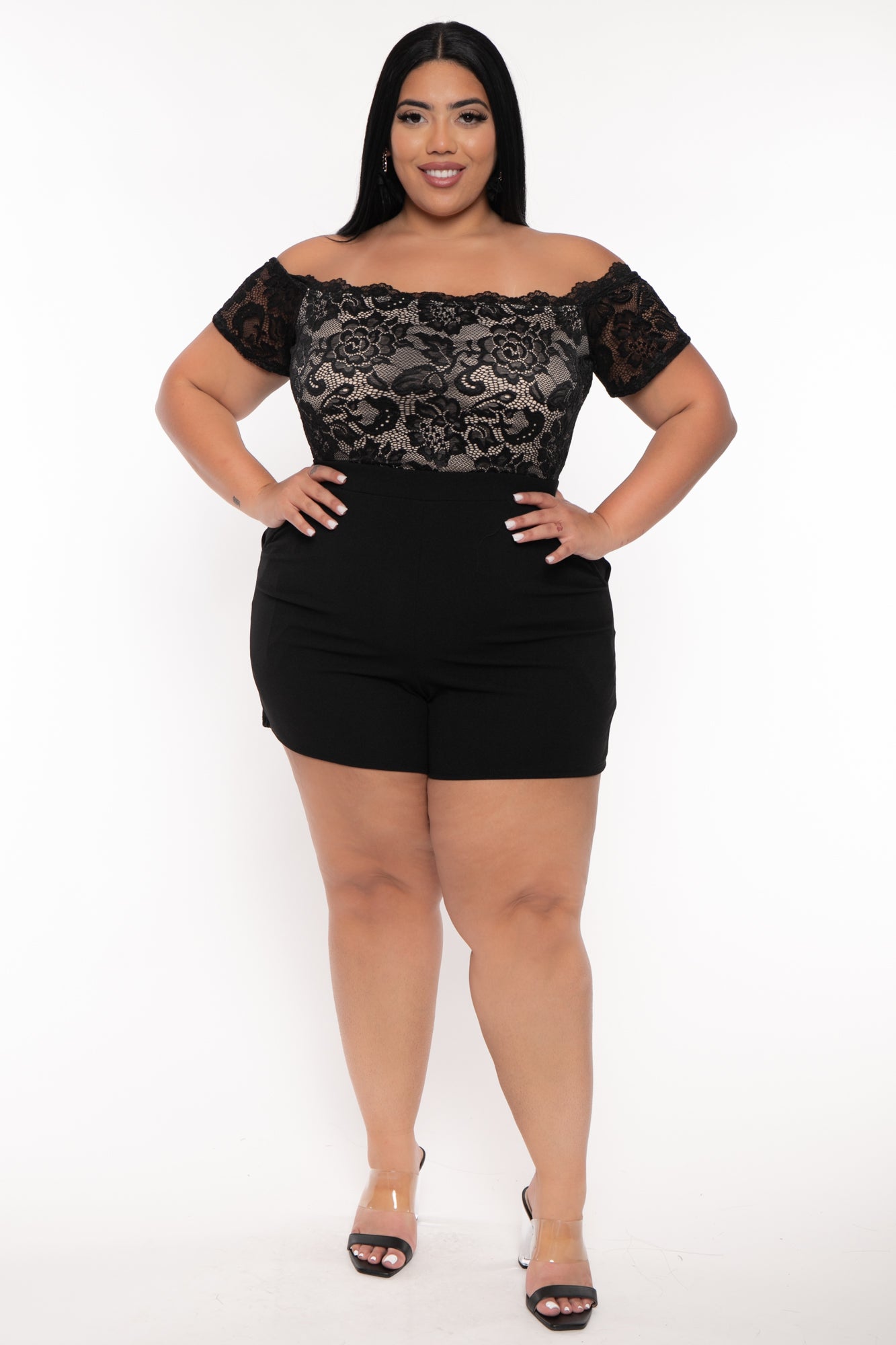 Women s Plus Size Minnie Lace Top Romper Black Curvy Sense