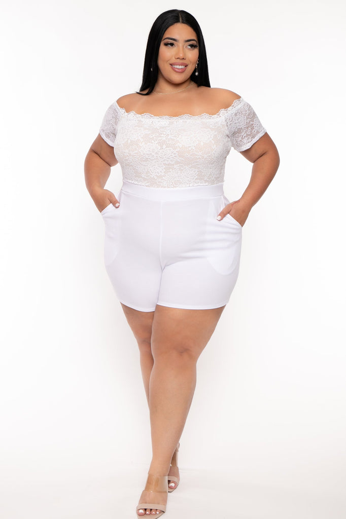 Women's Plus Size Minnie Lace Top Romper White Curvy Sense