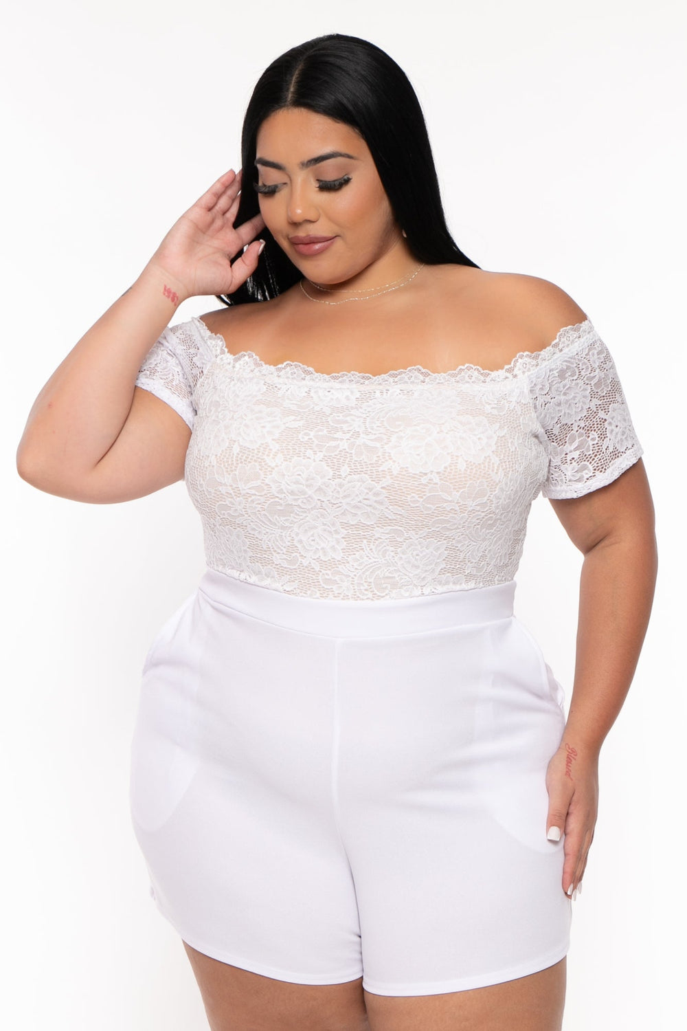 Curvy Sense Jumpsuits and Rompers Plus Size Minnie Lace Top Romper - White