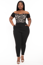 Curvy Sense Jumpsuits and Rompers 1X / Black Plus Size Minnie Lace Top Short Sleeve  Jumpsuit -Black