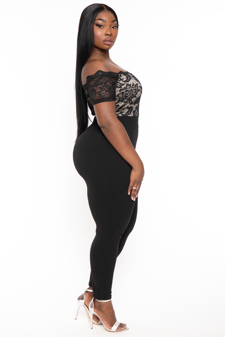 Curvy Sense Jumpsuits and Rompers Plus Size Minnie Lace Top Short Sleeve  Jumpsuit -Black