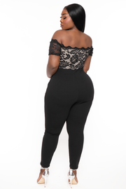 Curvy Sense Jumpsuits and Rompers Plus Size Minnie Lace Top Short Sleeve  Jumpsuit -Black
