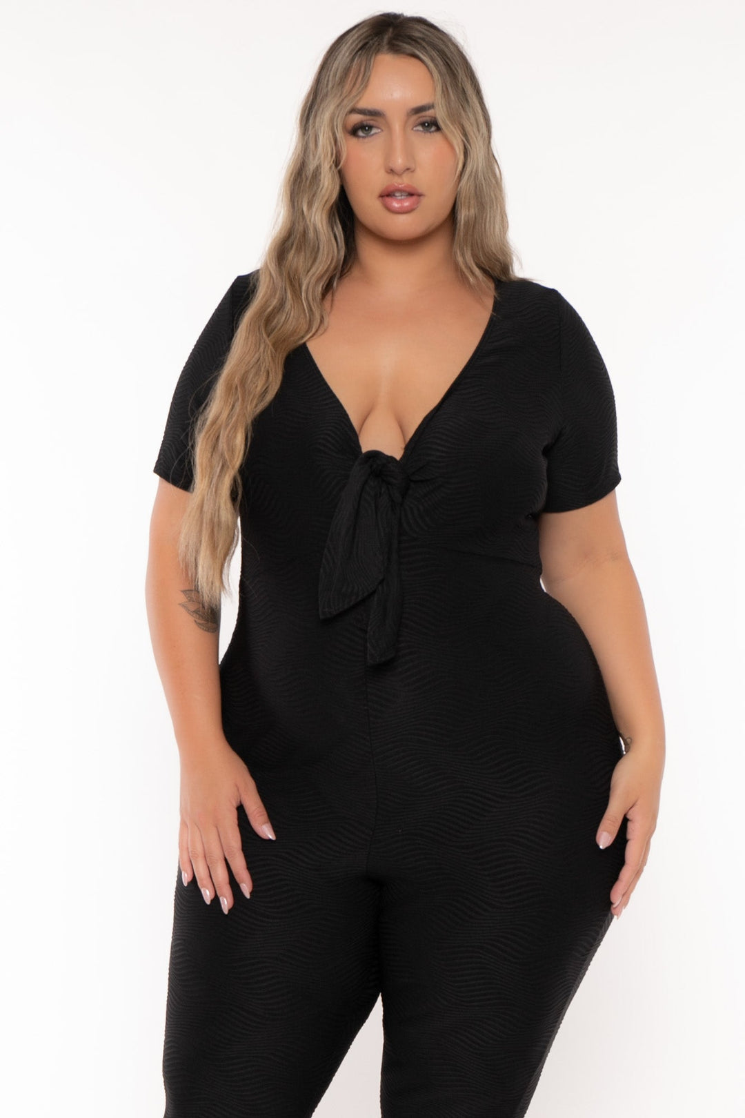 Curvy Sense Jumpsuits and Rompers Plus Size Nadia Wavy Rib Jumpsuit - Black