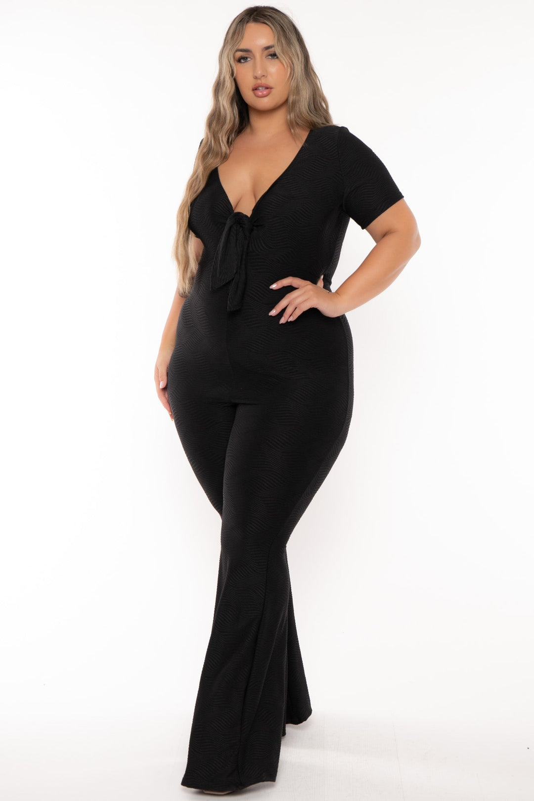 Curvy Sense Jumpsuits and Rompers Plus Size Nadia Wavy Rib Jumpsuit - Black