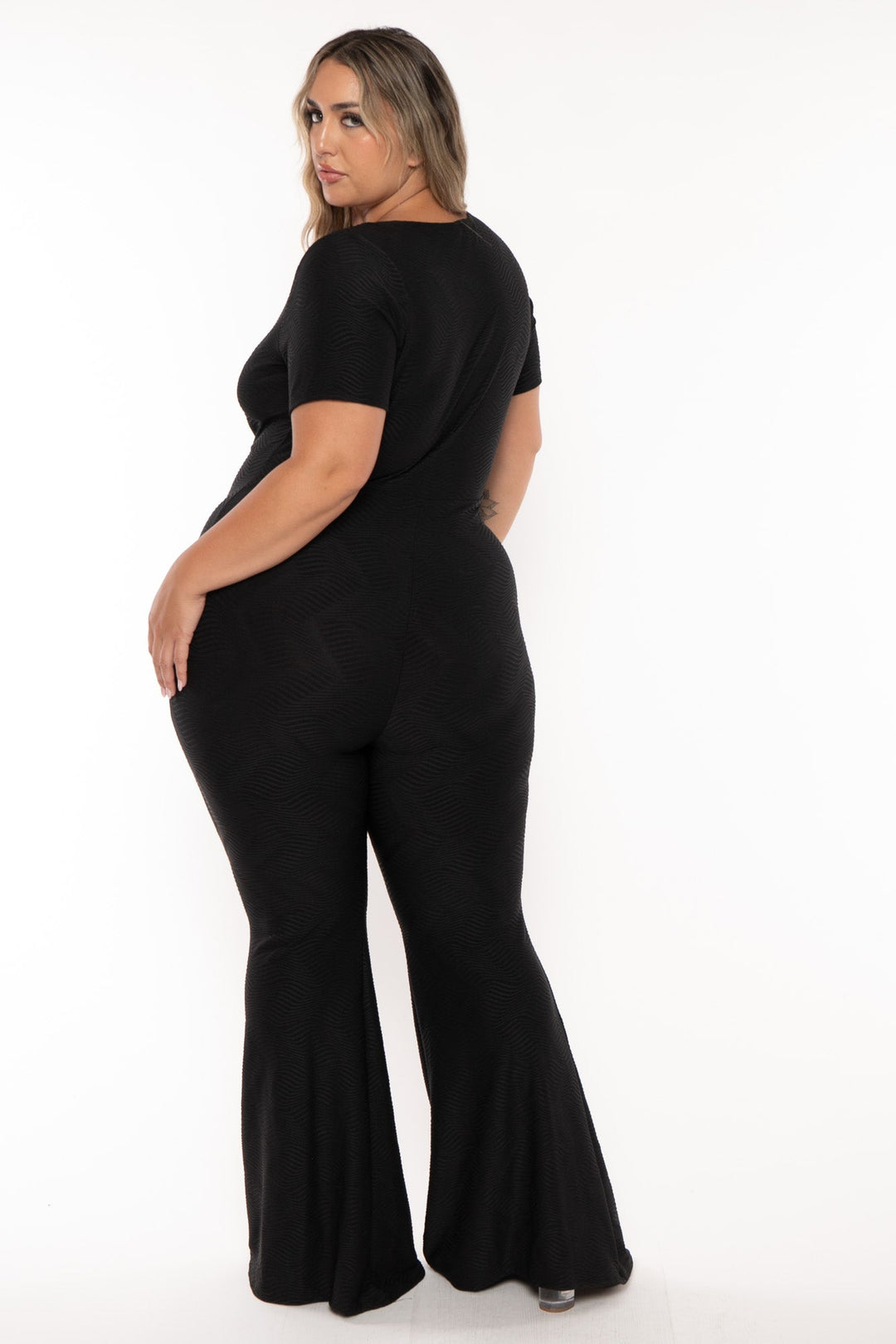 Curvy Sense Jumpsuits and Rompers Plus Size Nadia Wavy Rib Jumpsuit - Black