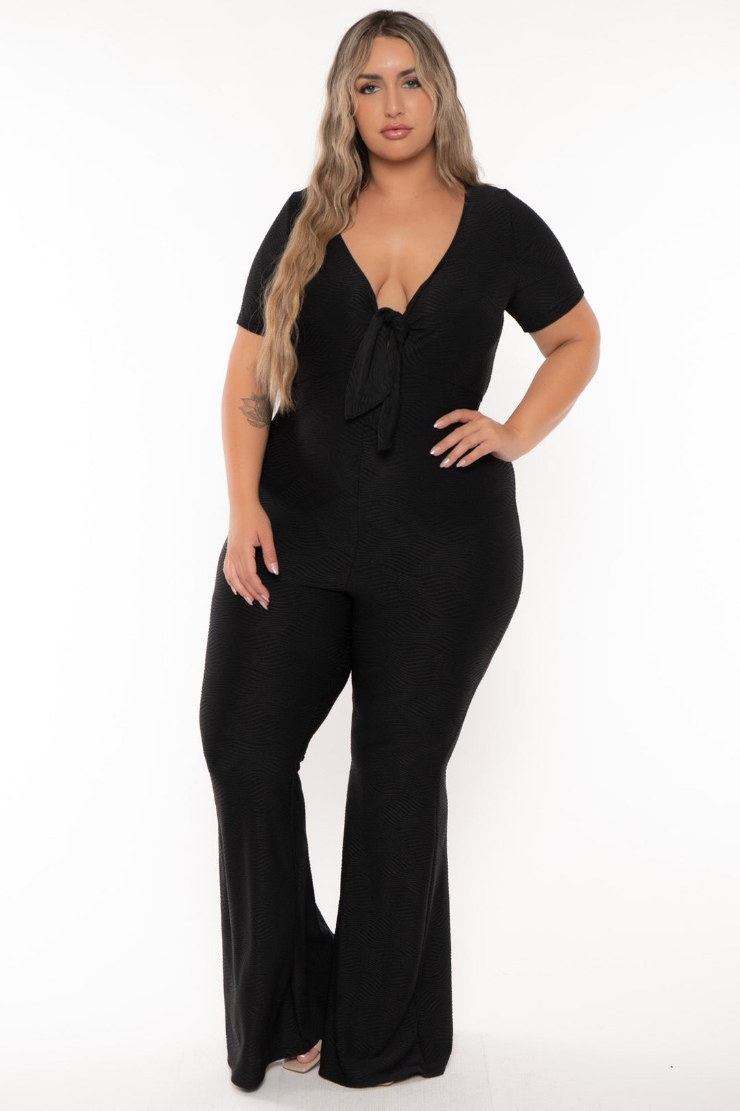 Curvy Sense Jumpsuits and Rompers Plus Size Nadia Wavy Rib Jumpsuit - Black