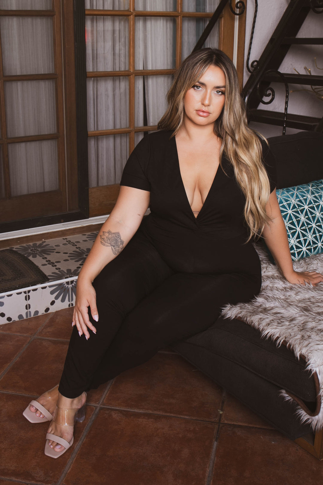 Curvy Sense Jumpsuits and Rompers Plus Size Nezza  Front Knot Jumpsuit - Black