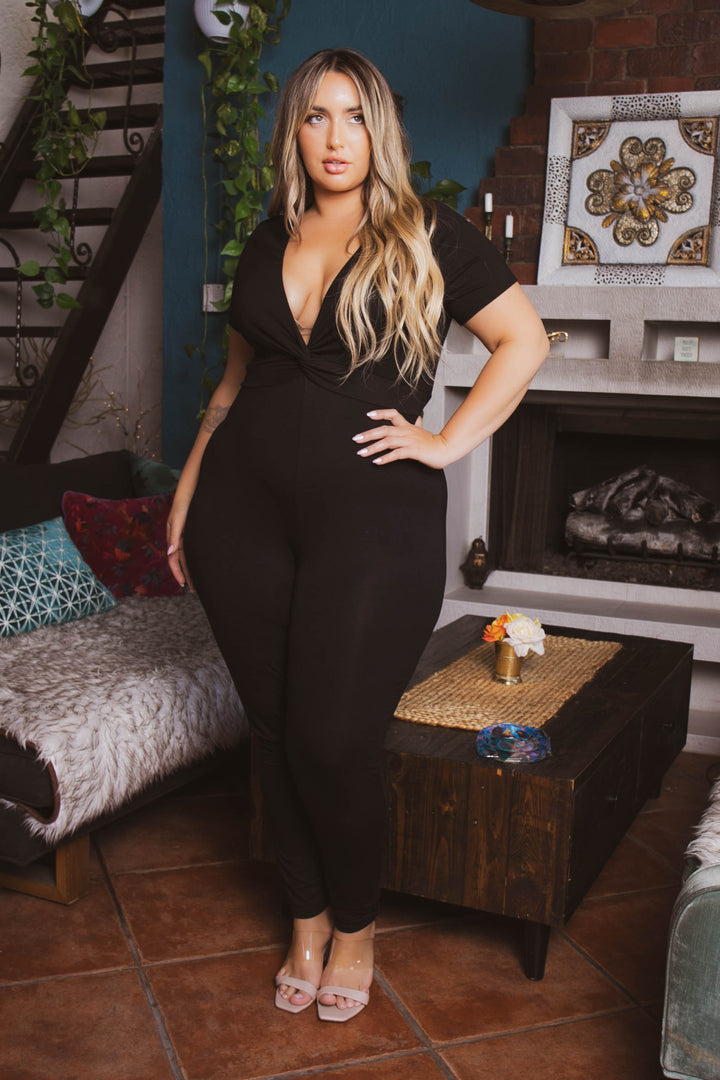 Curvy Sense Jumpsuits and Rompers Plus Size Nezza  Front Knot Jumpsuit - Black