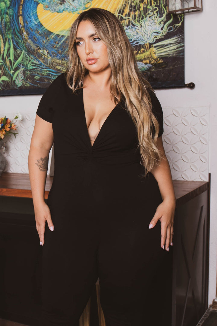 Curvy Sense Jumpsuits and Rompers Plus Size Nezza  Front Knot Jumpsuit - Black