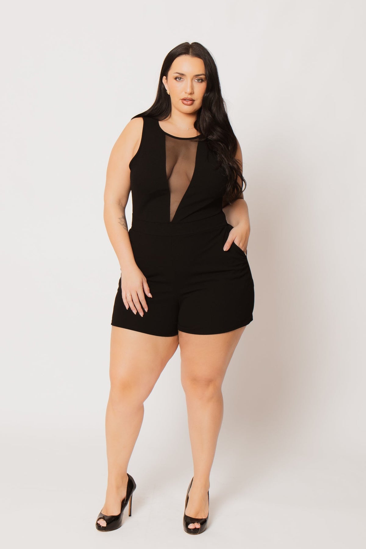 Women's Plus Size Nicki Mesh Romper - Black - Curvy Sense