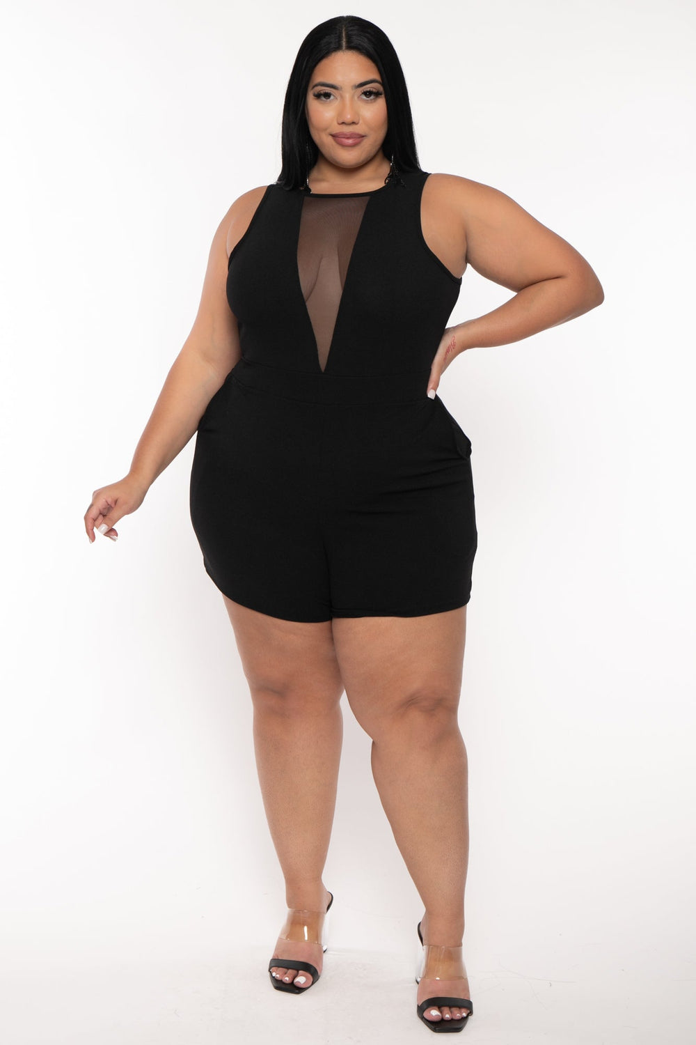 Curvy Sense Jumpsuits and Rompers Plus Size Nicki Mesh Romper - Black