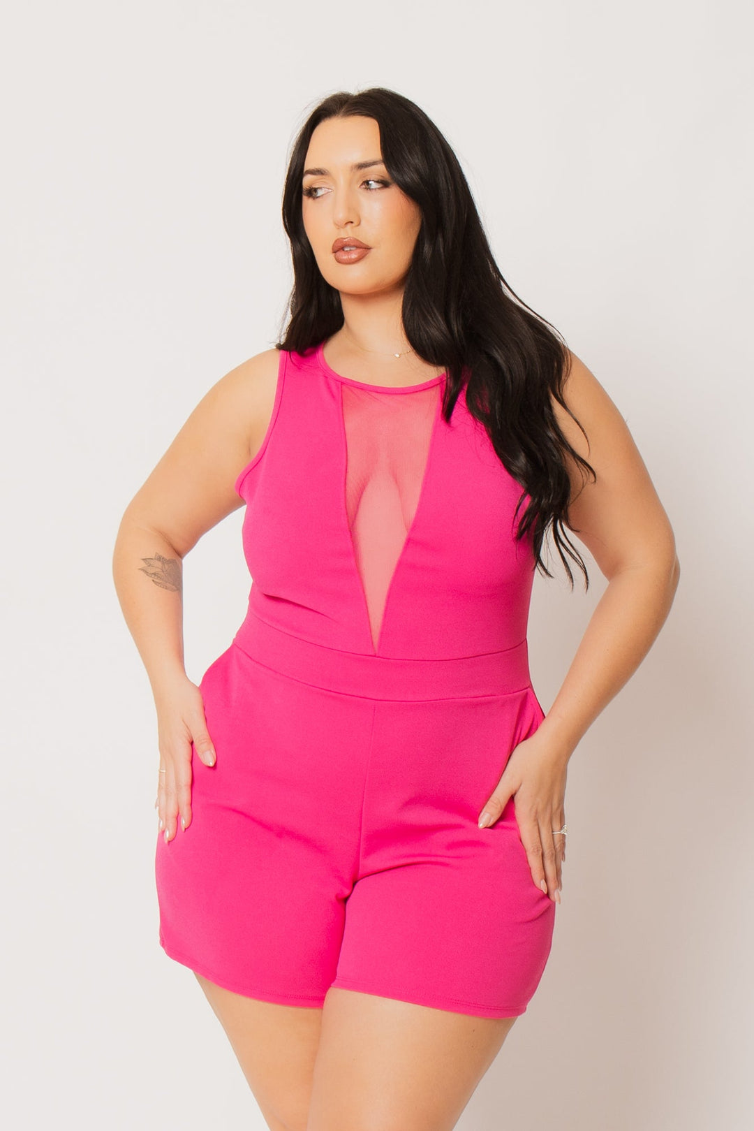 Curvy Sense Inc. Jumpsuits and Rompers Plus Size Nicki Mesh Romper -Fuchsia