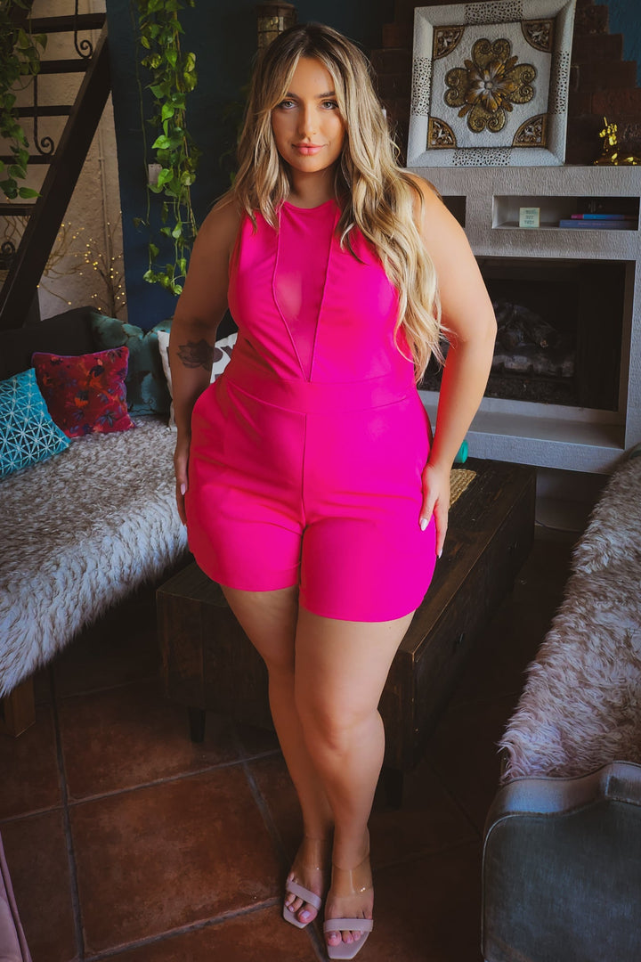 Curvy Sense Jumpsuits and Rompers Plus Size Nicki Mesh Romper -Fuchsia