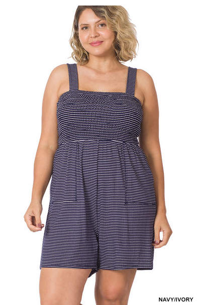 Zenana Jumpsuits and Rompers Plus Size Ofelia Smocked top stripped romper with pockets - Navy