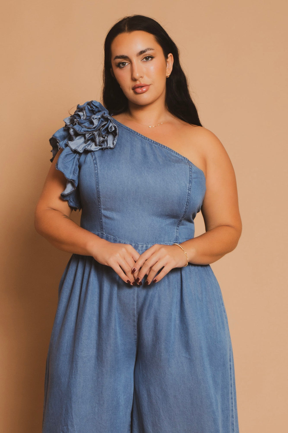The Sang Company Jumpsuits and Rompers Plus Size  One Shoulder Ruffle Jumpsuit - Blue
