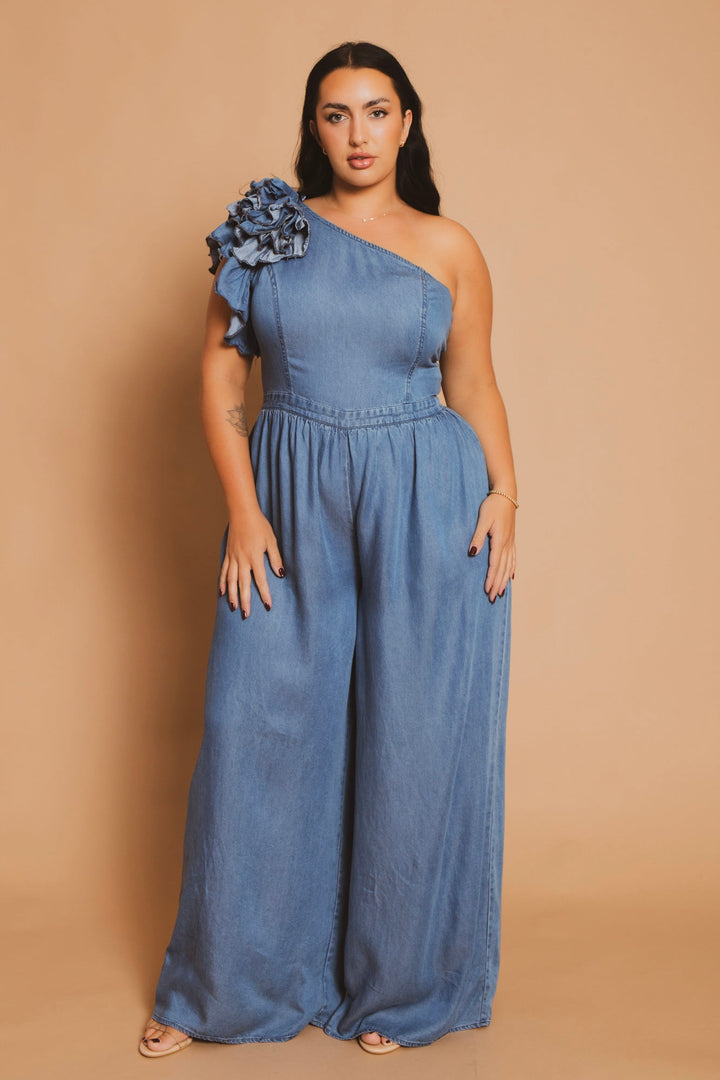 The Sang Company Jumpsuits and Rompers Plus Size  One Shoulder Ruffle Jumpsuit - Blue