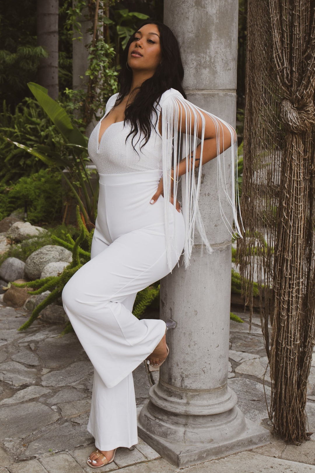 SYMPHONY Jumpsuits and Rompers Plus Size Priscilla Sequence  Fringe Jumpsuit - Ivory