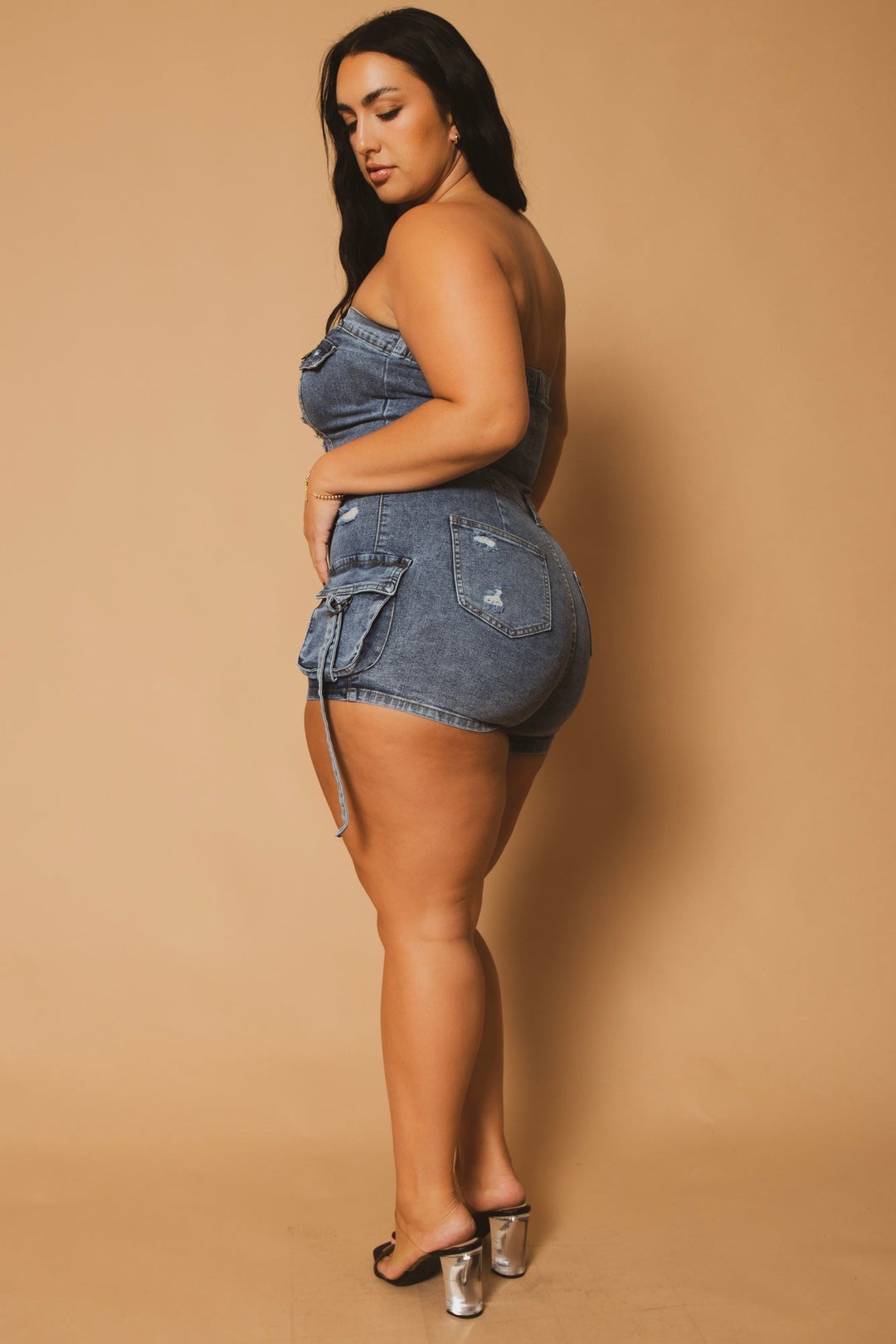 D ROCK Jumpsuits and Rompers Plus Size Rebel Strapless Denim Romper- Blue