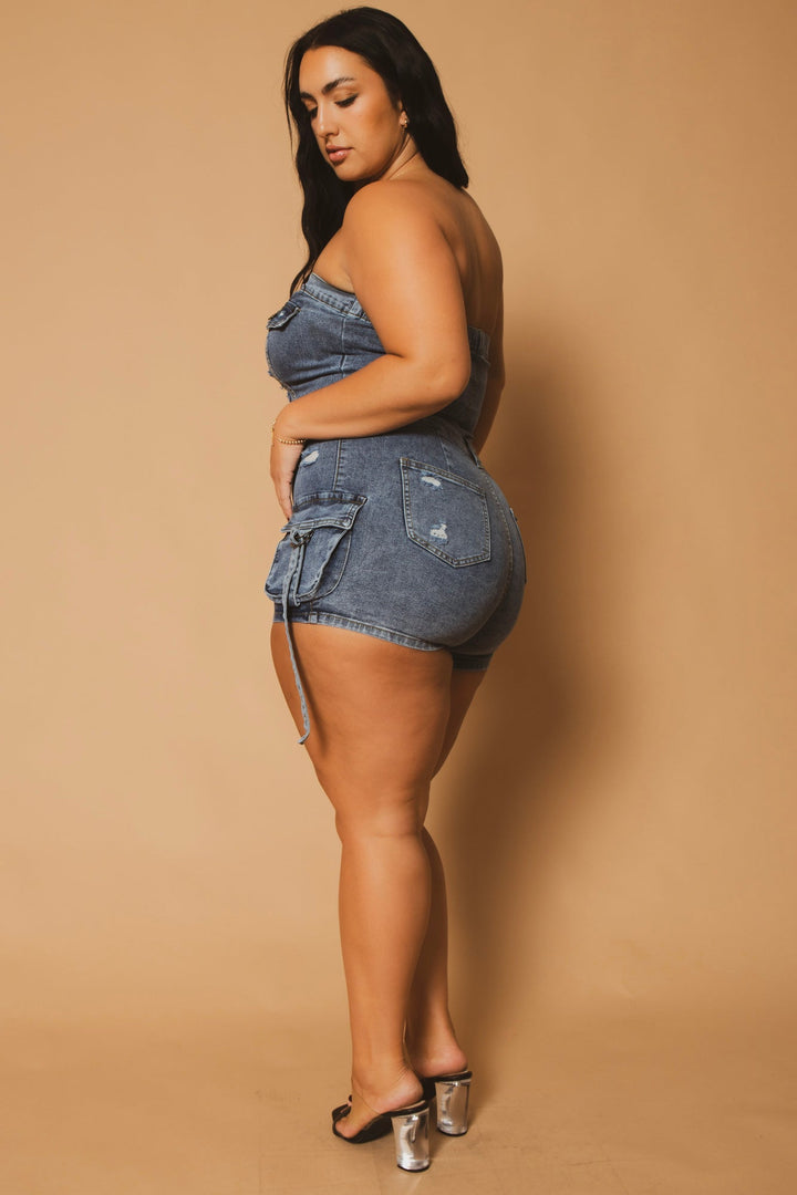 D ROCK Jumpsuits and Rompers Plus Size Rebel Strapless Denim Romper- Blue