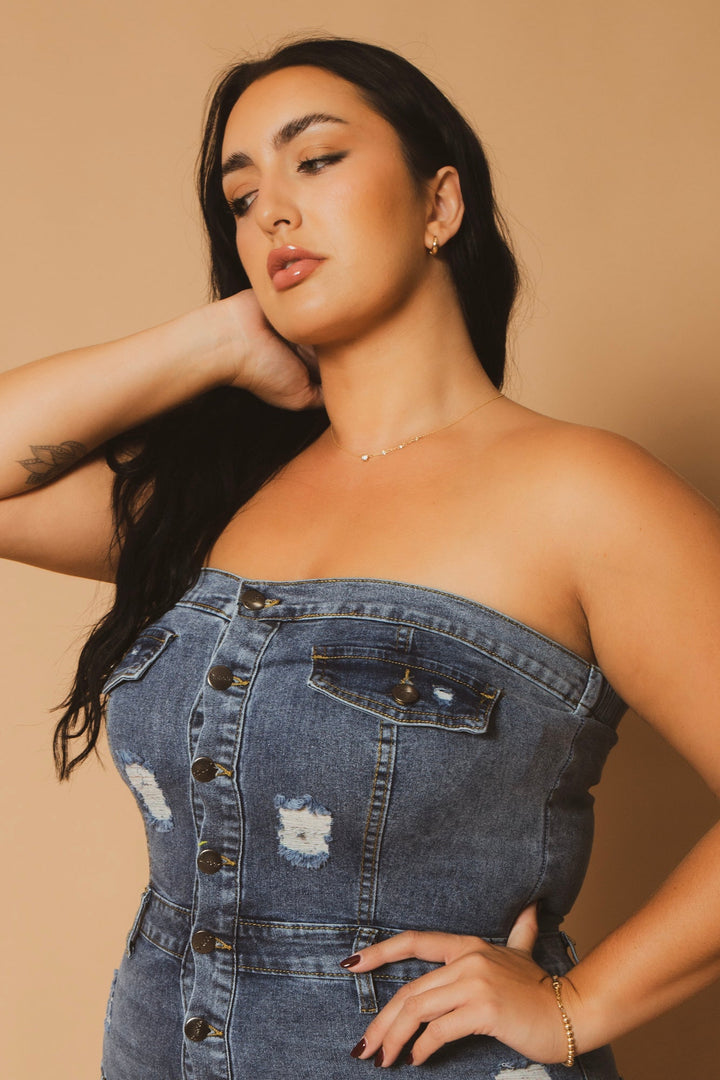 D ROCK Jumpsuits and Rompers Plus Size Rebel Strapless Denim Romper- Blue