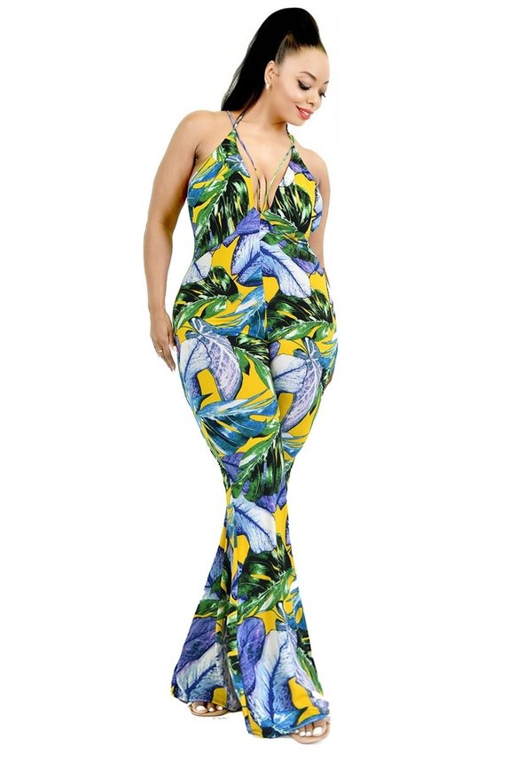 Gibiu Jumpsuits and Rompers Plus Size Rio Tropical leaf jumpsuit- Yellow