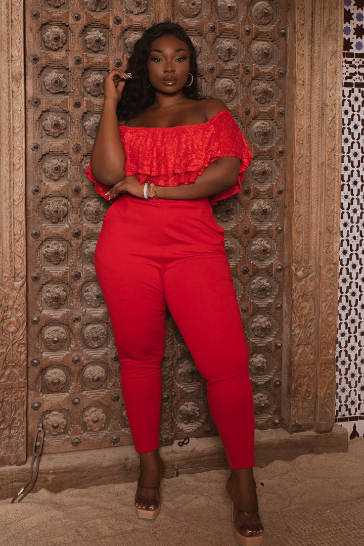 Curvy Sense Jumpsuits and Rompers Plus Size Rosalinda Frill Lace Jumpsuit- Red