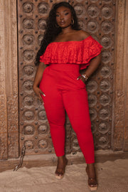Curvy Sense Jumpsuits and Rompers 1X / Red Plus Size Rosalinda Frill Lace Jumpsuit- Red
