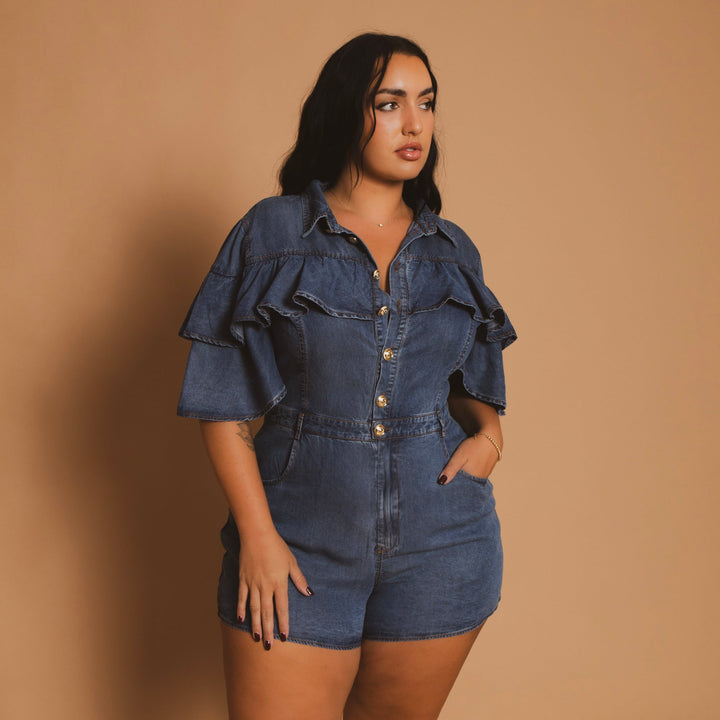 The Sang Company Jumpsuits and Rompers Plus Size  Ruffle Denim Romper- Blue