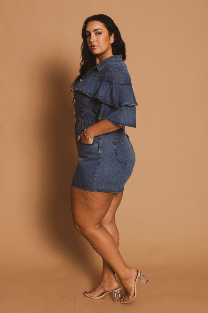 The Sang Company Jumpsuits and Rompers Plus Size  Ruffle Denim Romper- Blue