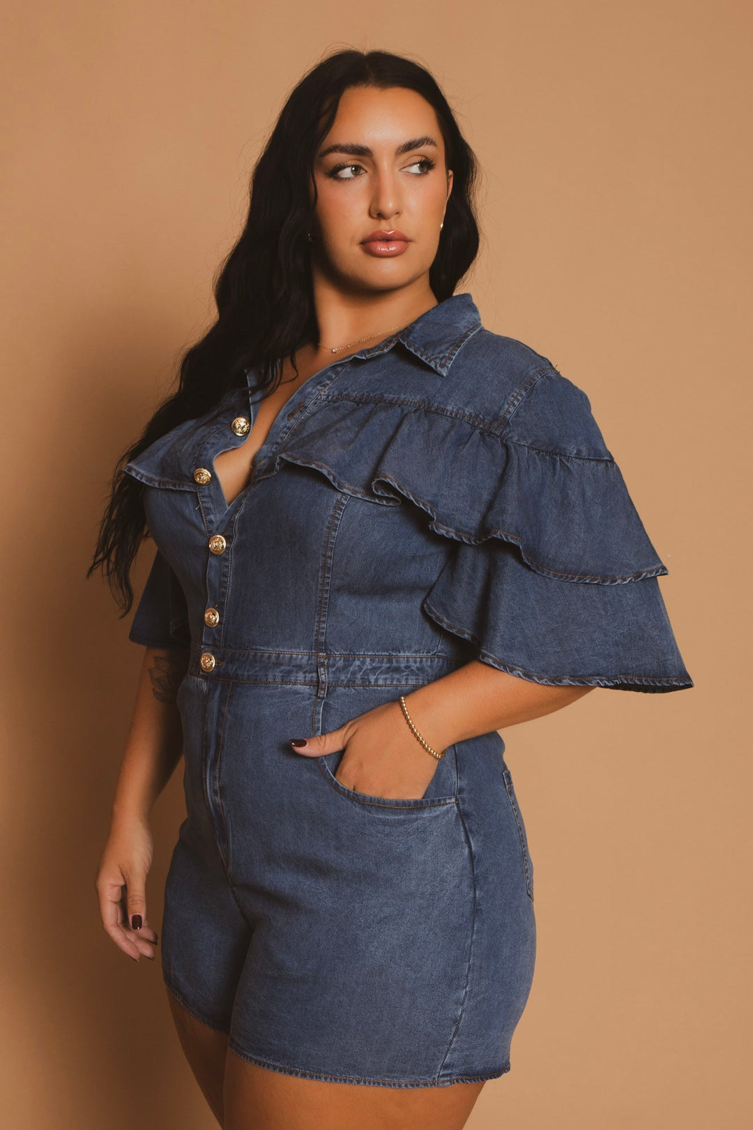 The Sang Company Jumpsuits and Rompers Plus Size  Ruffle Denim Romper- Blue