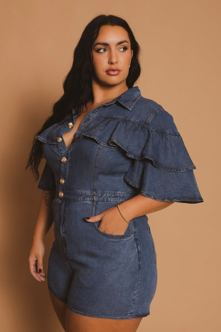 The Sang Company Jumpsuits and Rompers Plus Size  Ruffle Denim Romper- Blue