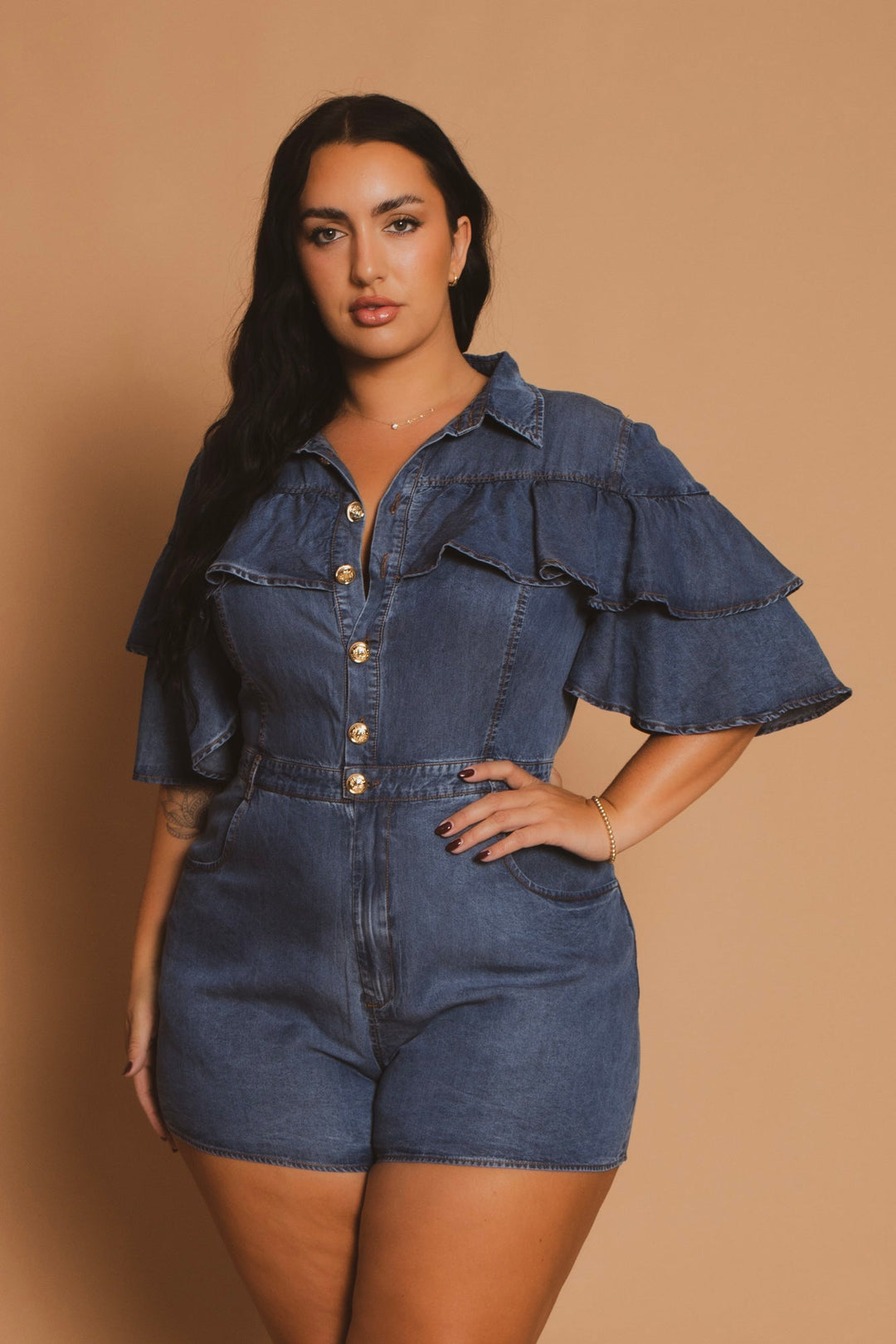 The Sang Company Jumpsuits and Rompers Plus Size  Ruffle Denim Romper- Blue