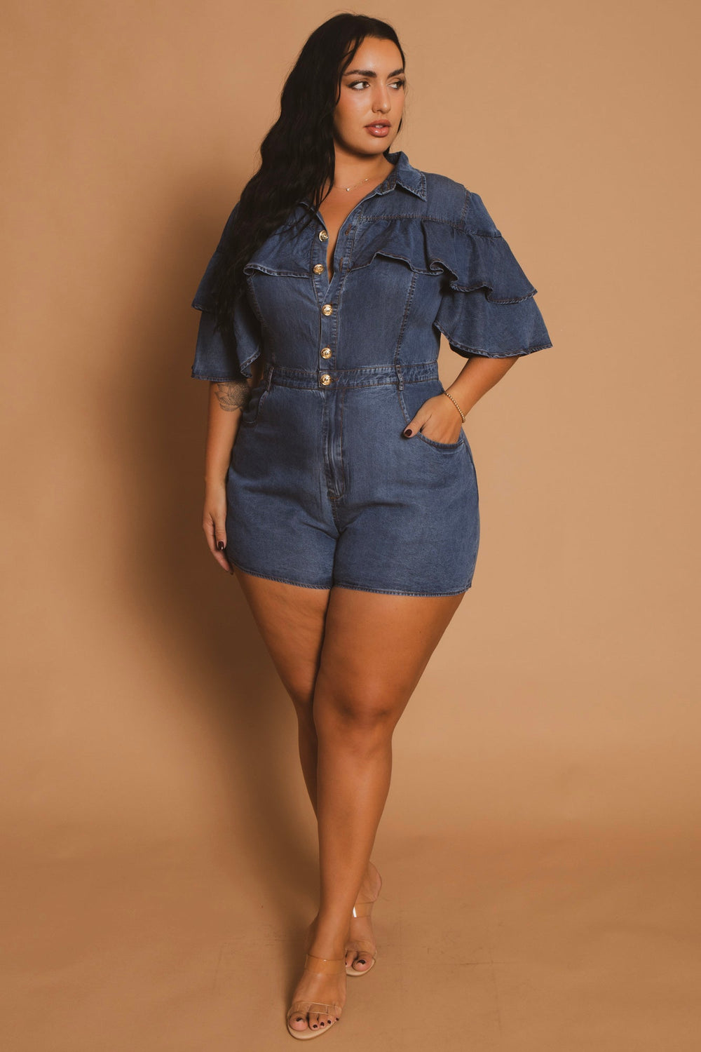 The Sang Company Jumpsuits and Rompers Plus Size  Ruffle Denim Romper- Blue