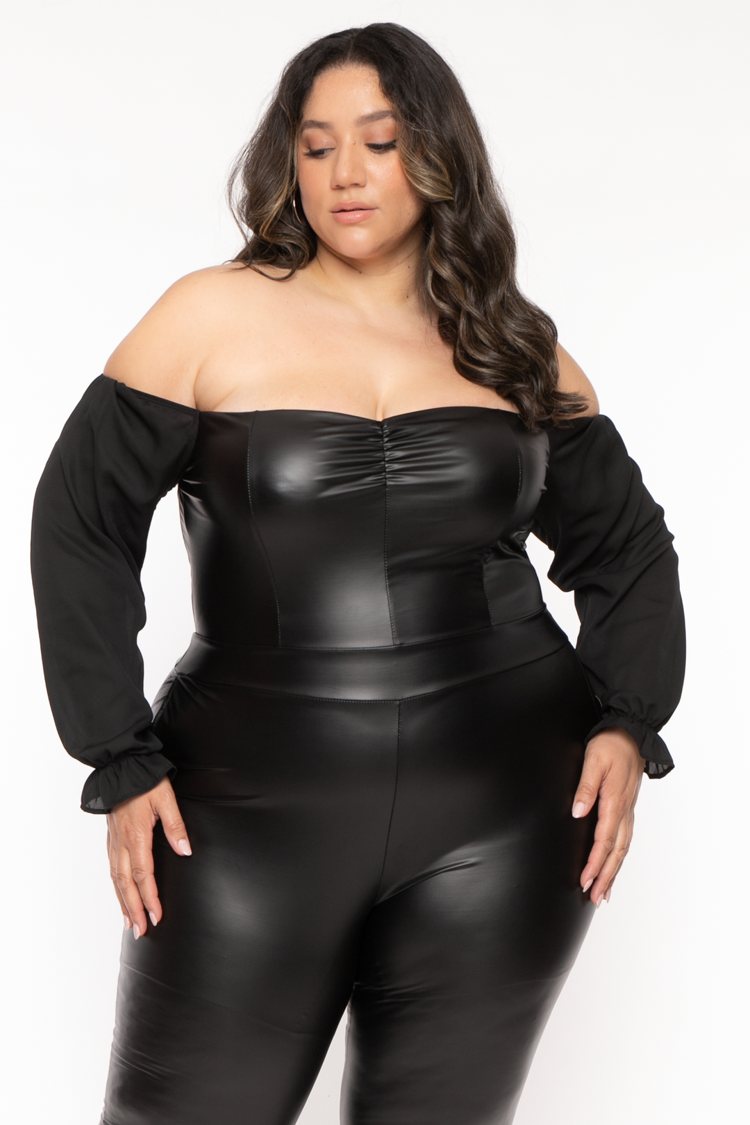 Curvy Sense Jumpsuits and Rompers Plus Size Scalia Faux Leather  Jumpsuit - Black