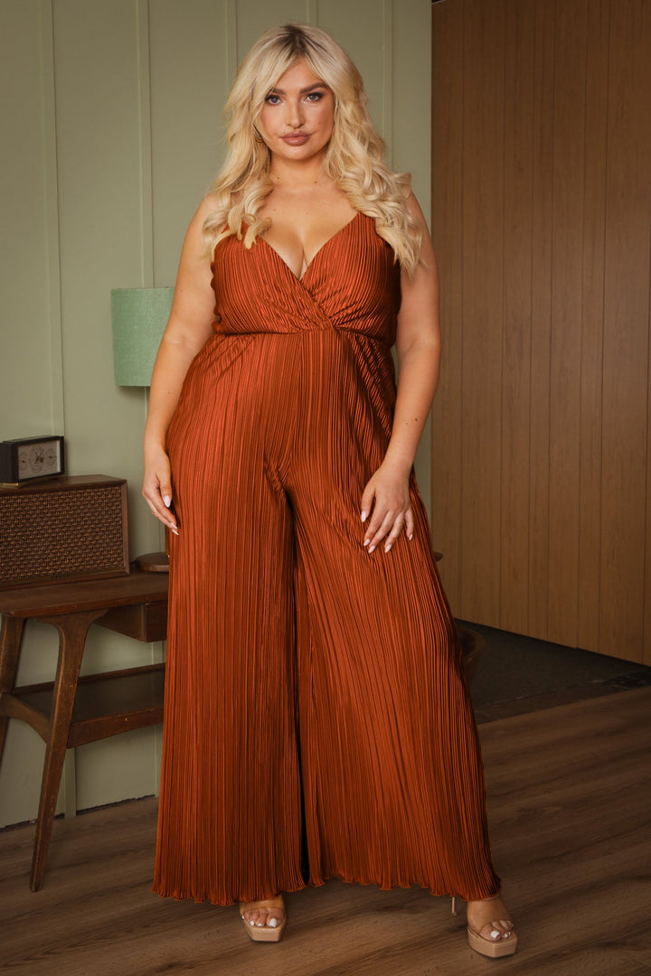 Curvy Sense Jumpsuits and Rompers Plus Size Scarlett Pleated Jumpsuit - Rust