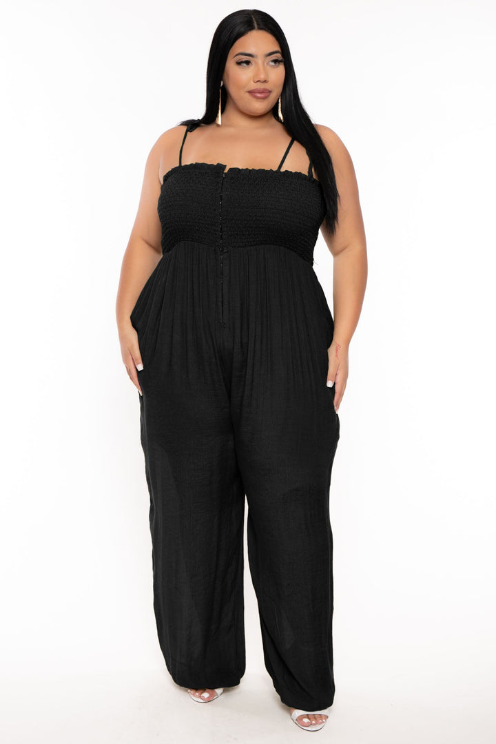 Jade By Jane Jumpsuits and Rompers Plus Size Smocked Tie Strap Jumpsuit  -Black