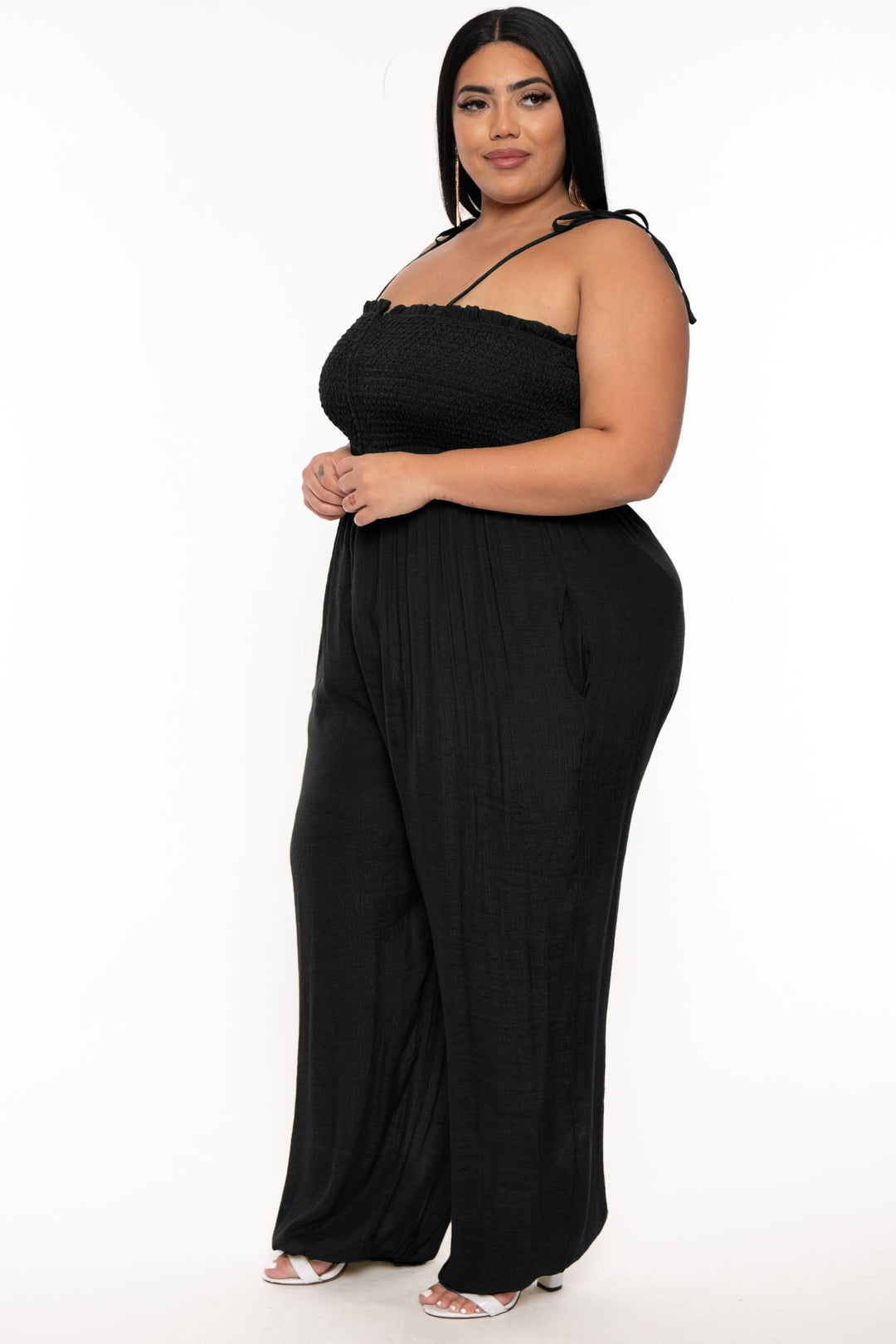 Jade By Jane Jumpsuits and Rompers Plus Size Smocked Tie Strap Jumpsuit  -Black