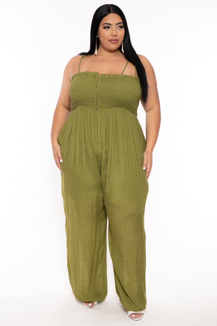 Jade By Jane Jumpsuits and Rompers Plus Size Smocked Tie Strap Jumpsuit  -Olive