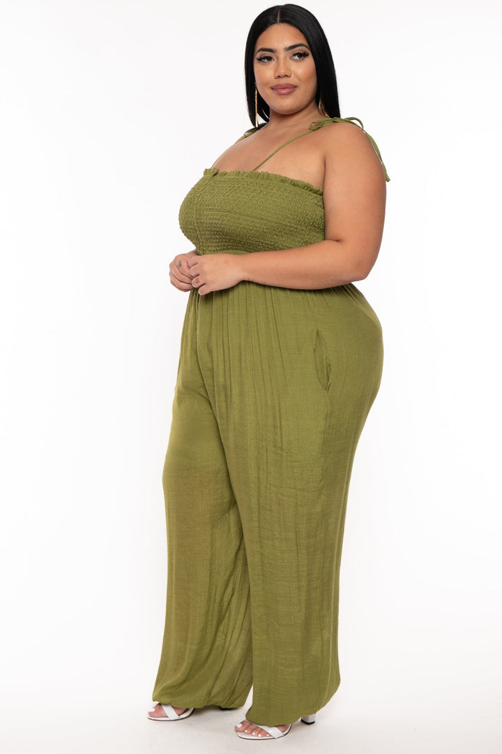 Jade By Jane Jumpsuits and Rompers Plus Size Smocked Tie Strap Jumpsuit  -Olive