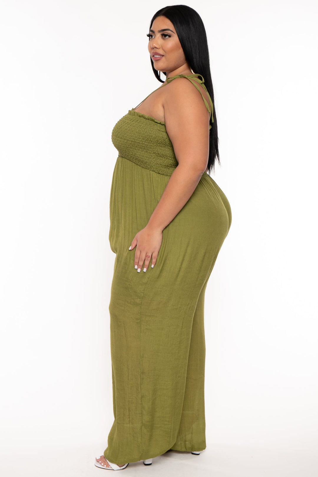 Jade By Jane Jumpsuits and Rompers Plus Size Smocked Tie Strap Jumpsuit  -Olive