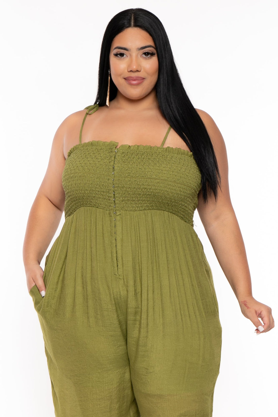 Jade By Jane Jumpsuits and Rompers Plus Size Smocked Tie Strap Jumpsuit  -Olive