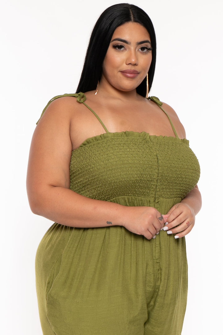 Jade By Jane Jumpsuits and Rompers Plus Size Smocked Tie Strap Jumpsuit  -Olive